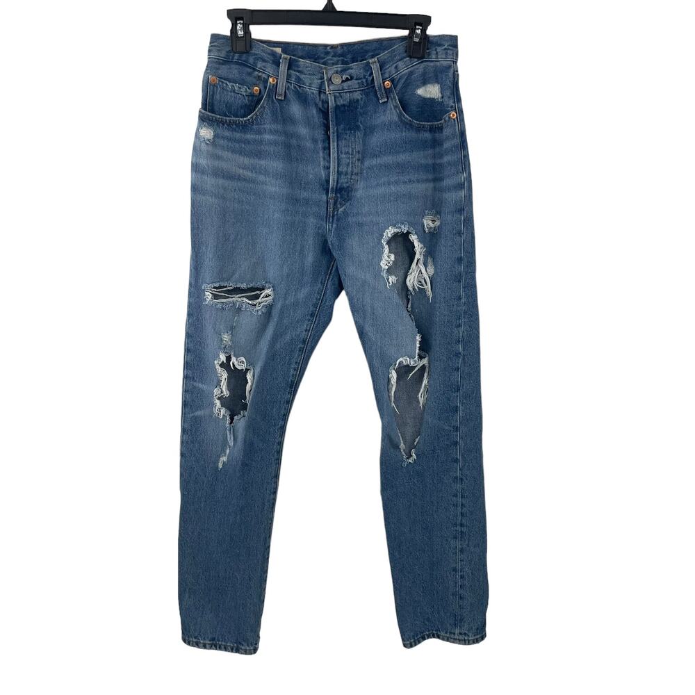 Levi's 501 High Rise Button Fly Distressed Straight Leg Denim Jean Womens 29